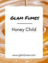 A label of a honey-scented perfume called 'Honey Child' by Glam Fumes, with an image of honey in the background.